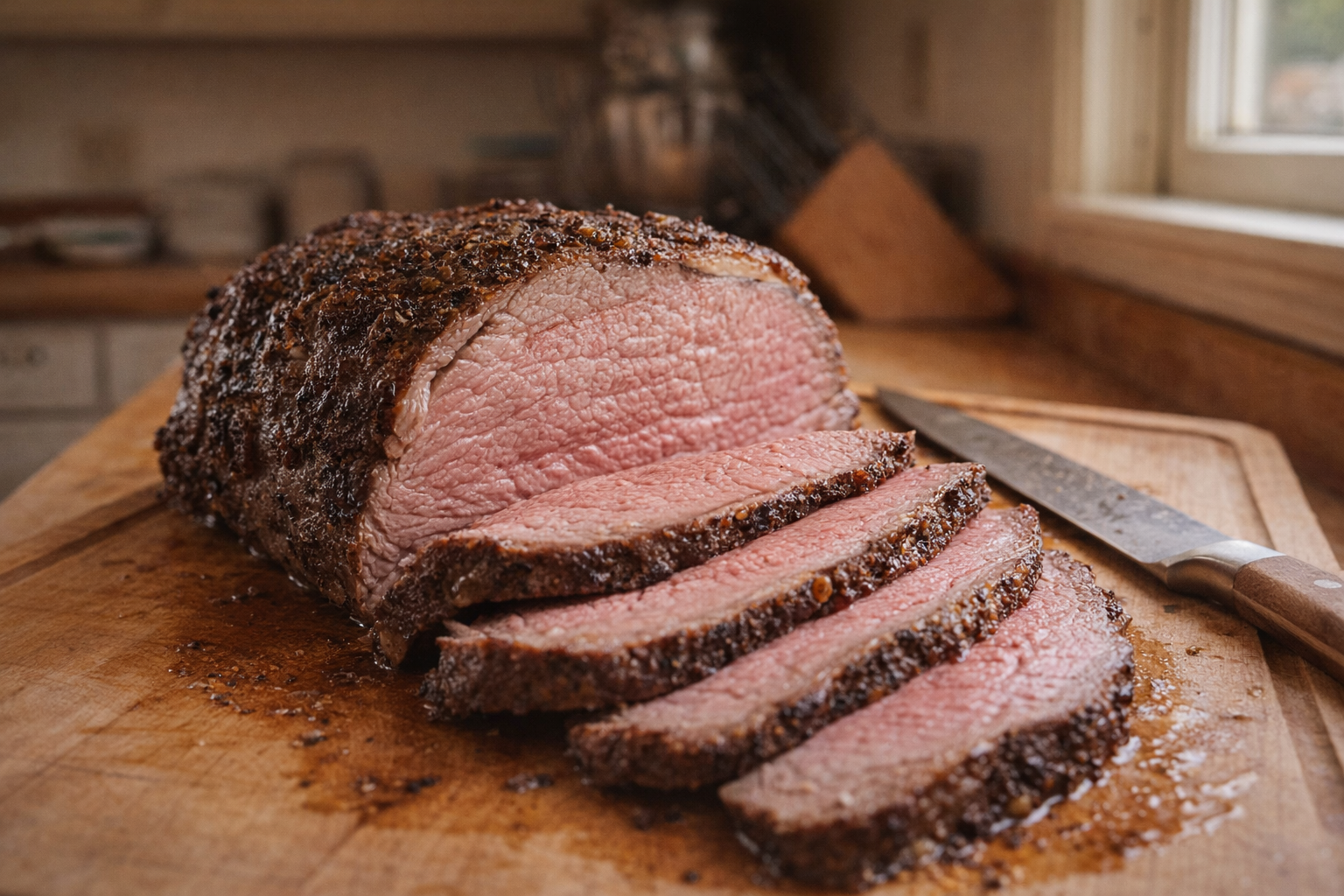 A perfectly cooked tri-tip roast, sliced against the grain, revealing a pink interior, resting on a wooden cutting board with a carving knife beside it, warm light